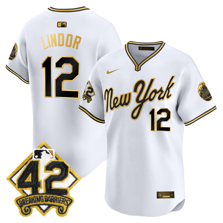 New York Mets 2025 Jackie Robinson Patch Road Alternate Jersey  White Gold Francisco Lindor